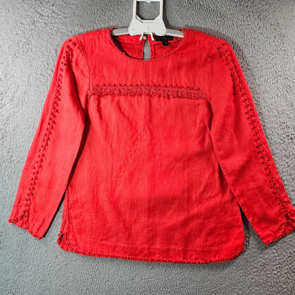 J Crew 100% Linen Top Women Size 2 Fringe Detail Pullover Red